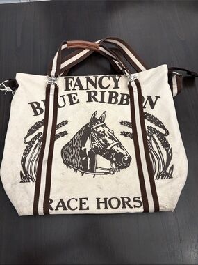 Cream Canvas Horse Graphic Tote with Brown Striped Handles